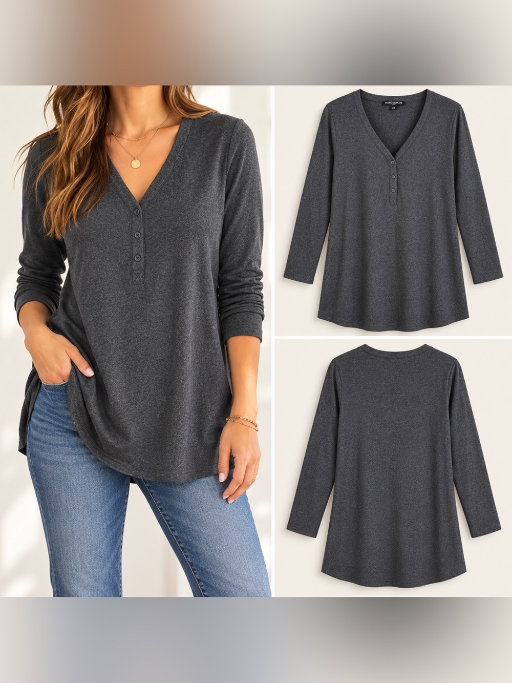 Mario Serrani Italy L Gray Super Soft Henley V Neck Stretch Tunic Top